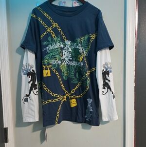 Vtg Christian Audigier Shirt Mens L Navy Y2K Tattoo Graphic Layered Long Sleeve